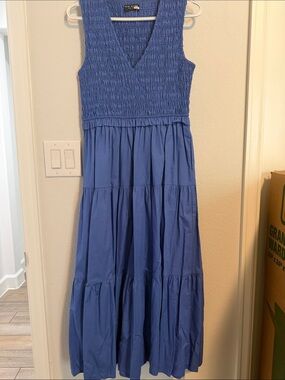 Girls' Smocked V-Neck Tiered Dress in Blue
